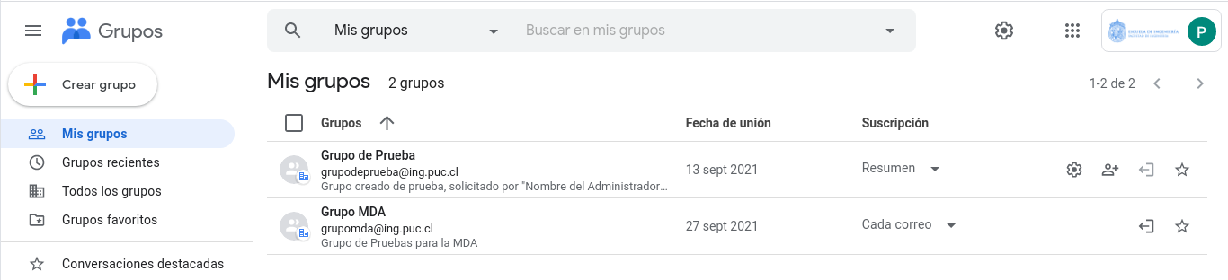 Panel inicial de google groups